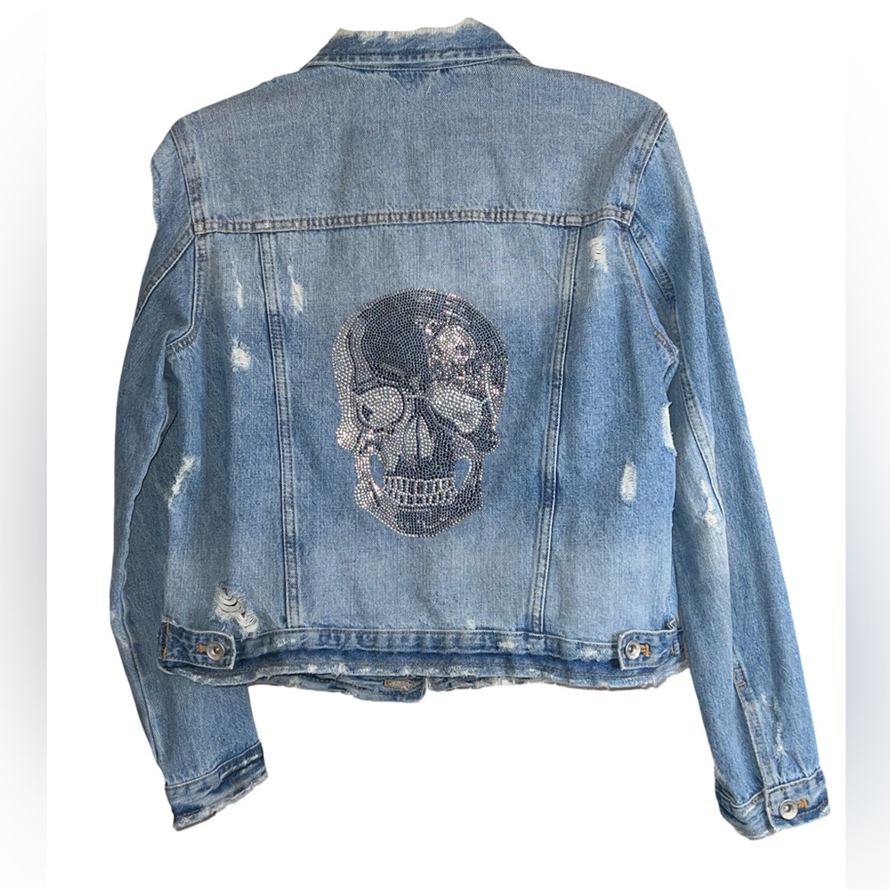 Hipchik Couture Distressed Denim Jacket Shimmery Skull Small